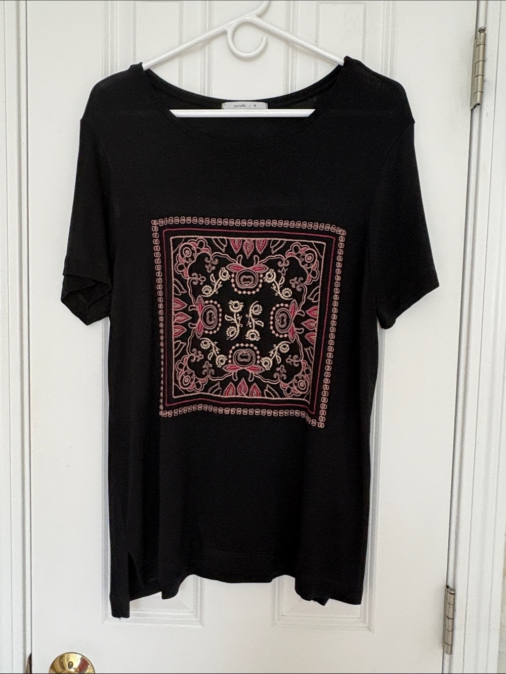 Cortelle Black Short-Sleeve Tunic Tee with Pink Embroidered Medallion